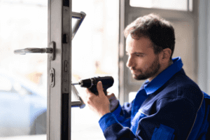 A professional locksmith installing a new lock on a commercial property