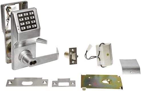 A smart lock being installed on a commercial door